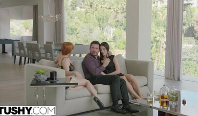 Petite brunette Lana Rhoades experiences her first time anal with a big dick in a doggystyle and cowgirl positions during a passionate threesome