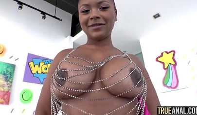 Busty ebony Avery Jane fucks in her first IR anal action