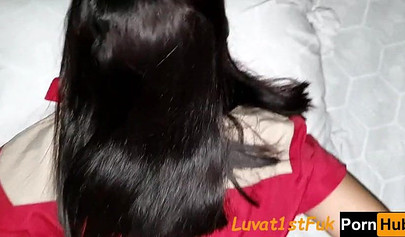 Amateur Asian girl receives a POV interracial creampie