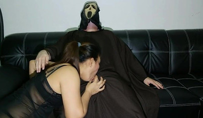 Man in spooky Halloween costume stretches my ass